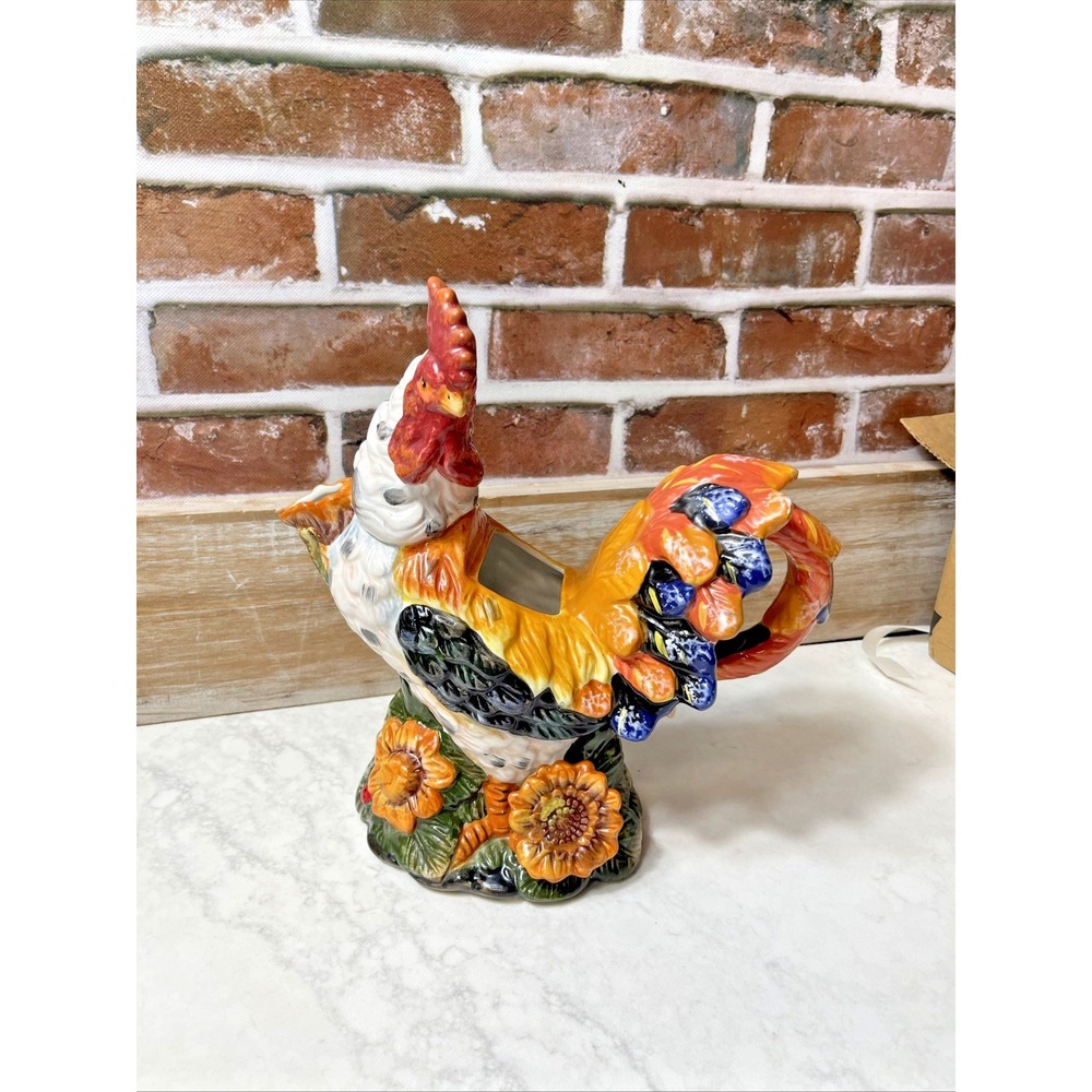 Beautiful Ceramic Colorful Rooster Pitcher Nestled in Flowers 9 1/2'" tall